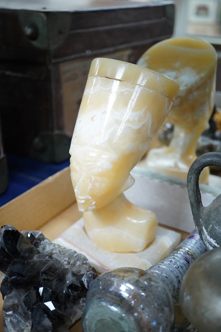 A collection of sundry items to include a carved bust of Nefertiti, crystal specimens, Roman style vase with trailed decoration and a table bell